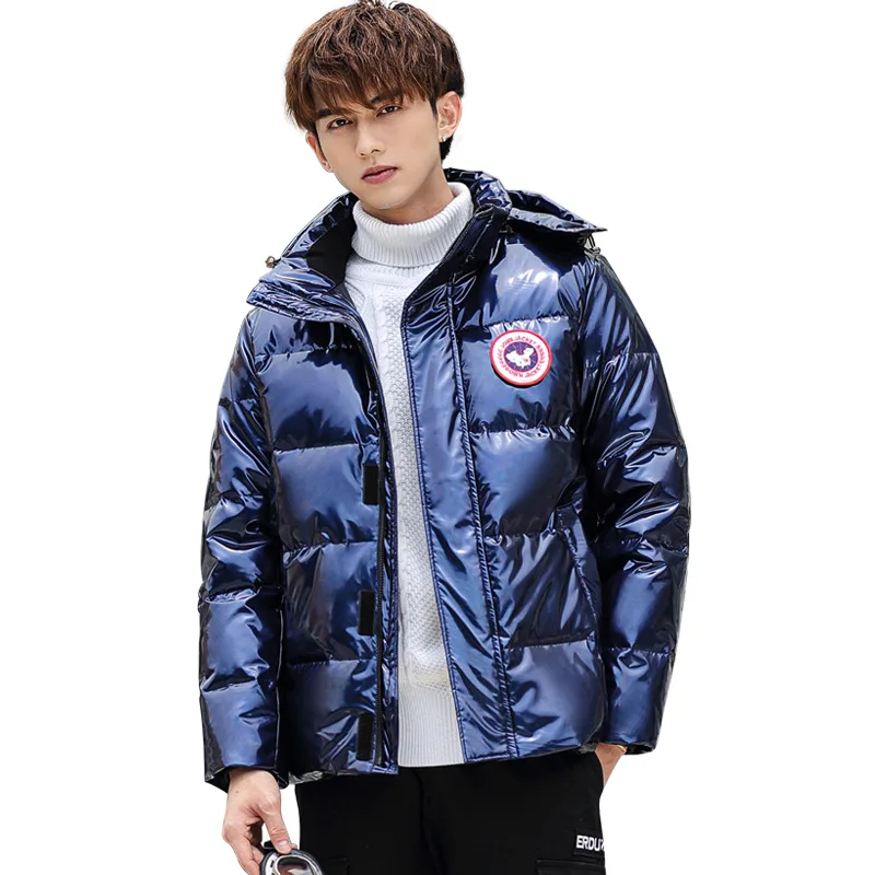 

down Youth jacket men's wear medium long hattless Korean version of bright thickened hooded jacket can be taken off