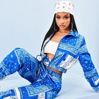 blue print fashion women tracksuit 2 piece set crop tops and pants outfits for women spring street style hip hop sweatsuit set