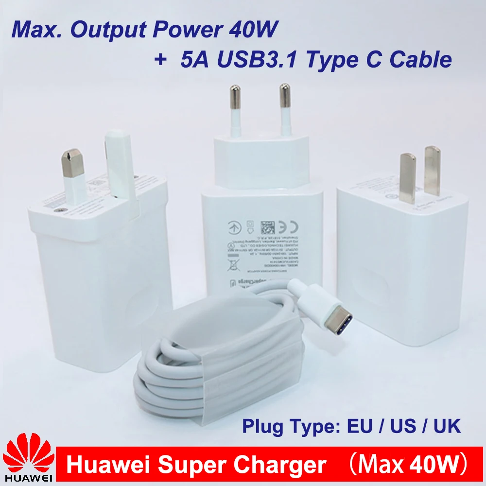 Оригинальный Huawei 40 Вт UK US EU супер зарядное устройство адаптер питания 5A USB TYPE-C