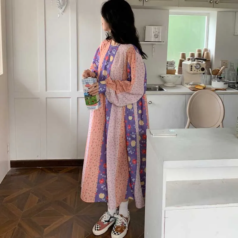 2021 mujeres impresión Floral vestido coreano de manga larga de una sola pieza Casual vestidos primavera otoño señoras vestido elegante vestido largo