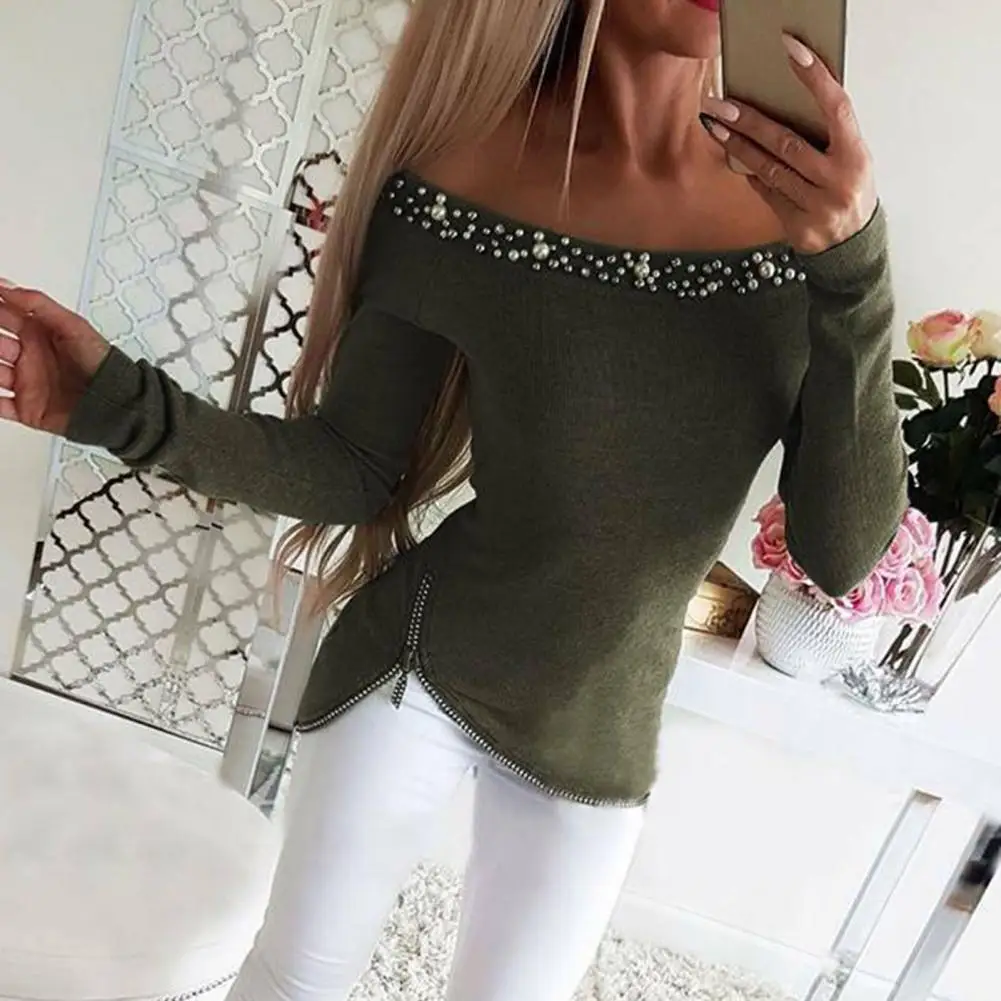 

Women Blouses Off Shoulder Pearl Shirt Slim Fit Long Sleeve Spring Autumn Shirt Bodycon Solid New Design Zipper Blusas Tops