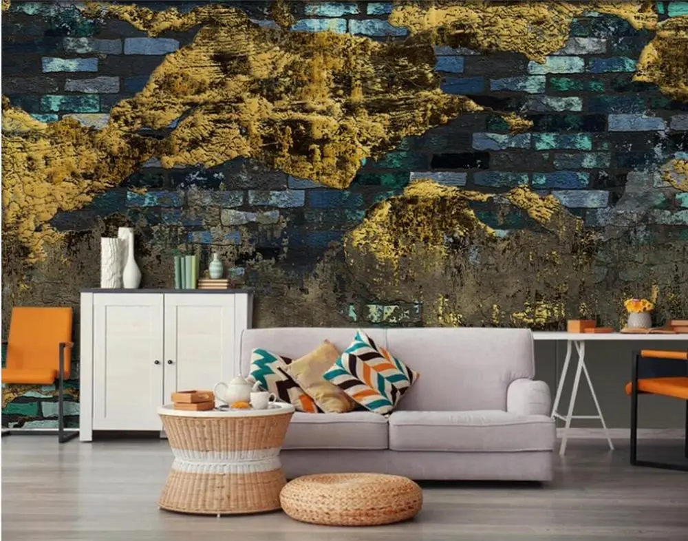 Пользовательские 3D Настенные обои Винтаж Золотая фольга Золотой синий brick