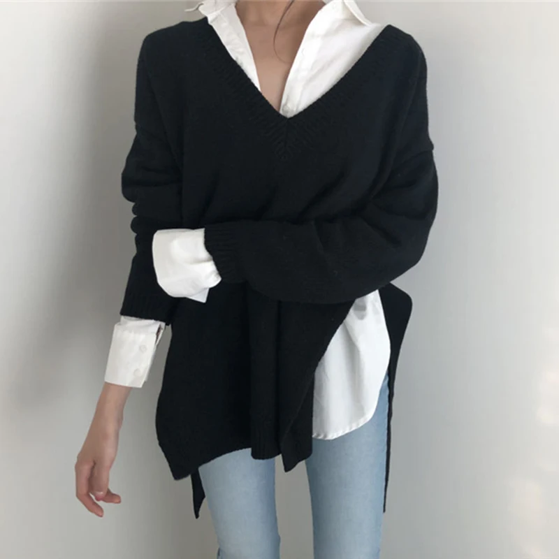 New 2020 Winter Woman Sweaters V Neck Irregular Knit Sweater With Belt Two Kind Wear Minimalist Women Pullovers Tops images - 6