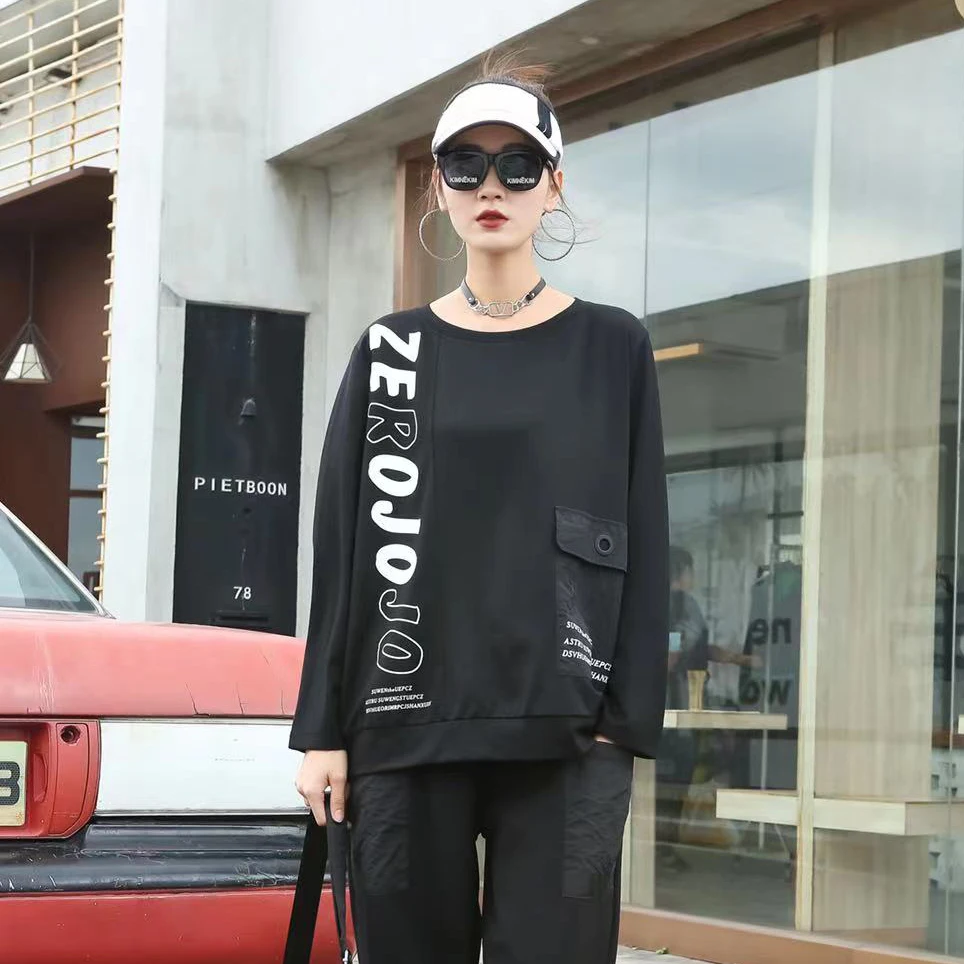 

Letter Print Hoodie 210831 Pocket Patchwork Autumn European New Product Casual Fashion O-neck Black Women's Clothing