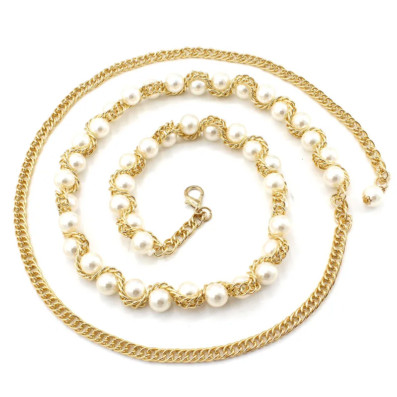 

Sweet Pearl Inlaid Waist Chain Dress Hook Metal Decorative Thin Belt Waistband For Women