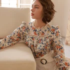 Женская блузка с оборками, с длинным рукавом-фонариком, круглым вырезом, с цветочным принтом, в стиле пэчворк, винтажные повседневные рубашки