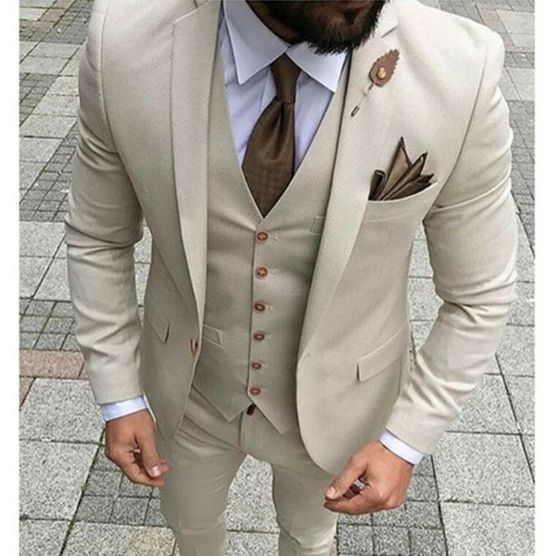 Slim Fit повседневные мужские костюмы бежевого цвета из 3 предметов: куртка с брюки