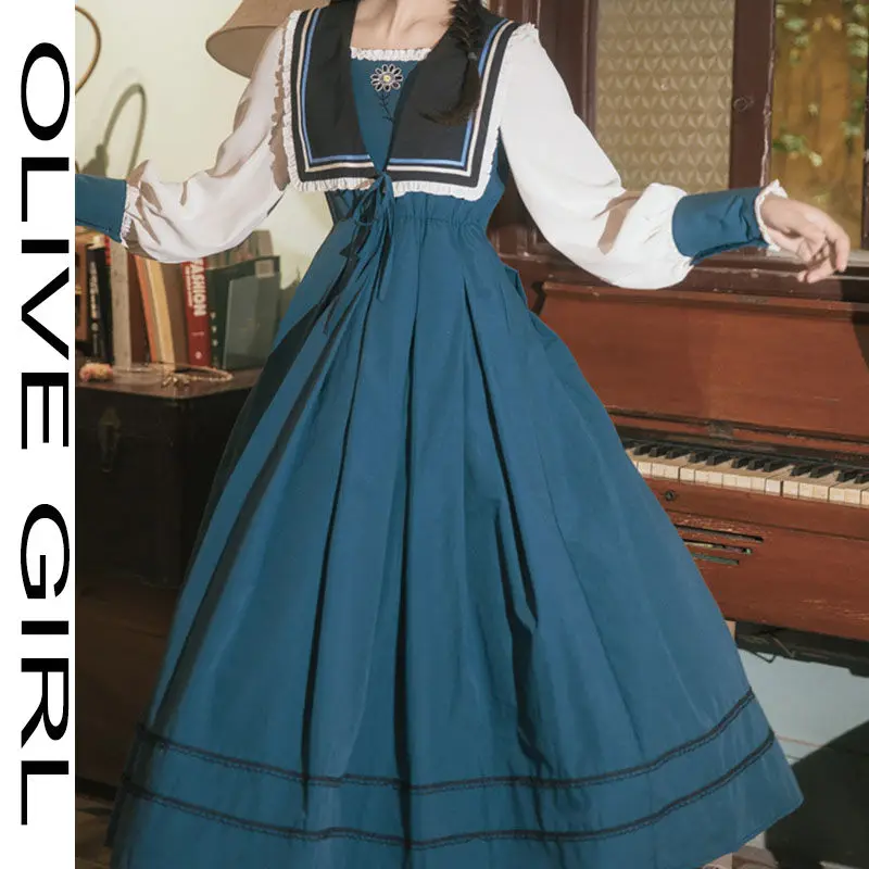 

2021 Kawaii Fairy Clothes Summer Dresses For Women Party Casual Long Sleeve Strap Maxi Dress Lolita Harajuku Cottagecore Robe