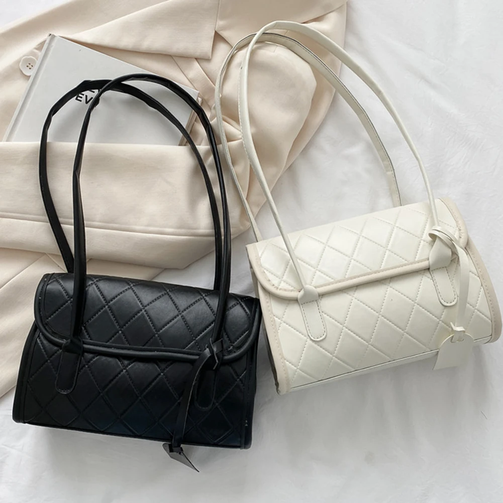 

Women Solid Color Flap Chain Shoulder Bags Design Luxury Hand Bag Female Travel Retro Ladies Lattice Pattern PU Underarm Handbag