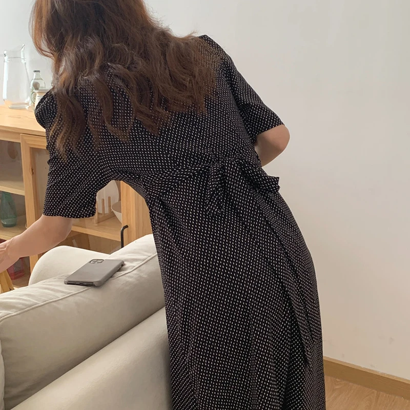 

Yitimoky Dot Dress for Women Blue Half Puff Sleeve Clothing Summer New Korean Style Dresses V-Neck Fashion Casual Comfortable