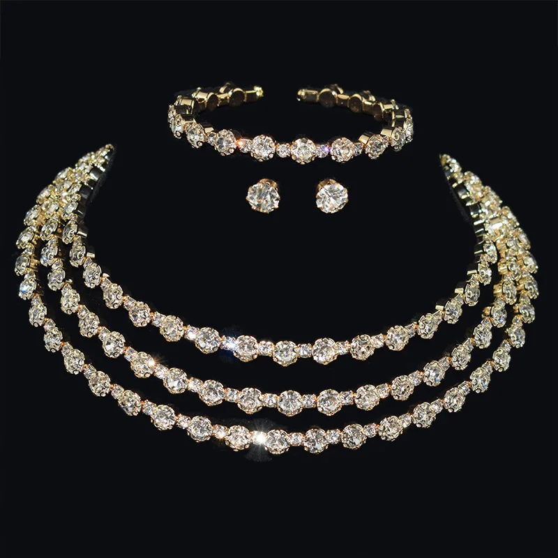 Jewelry Sets-Gold NEW Gold silver Metal Rhinestone Collar Necklaces for Women Round 3Row collar mujer collares Fashion Jewelry Choker Wholesale - Окраска металла: Jewelry Sets-Gold