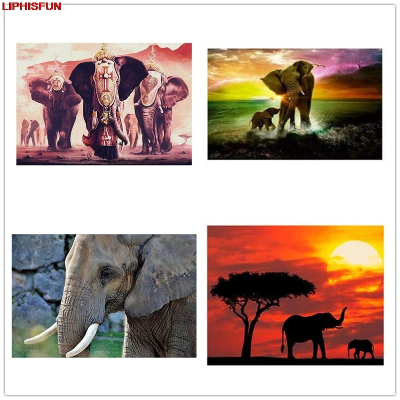 

LIPHISFUN Full Drill Diamond Painting elephant sunset scenery Handmade Embroidery Cross Stitch Square/round Home wall Decor