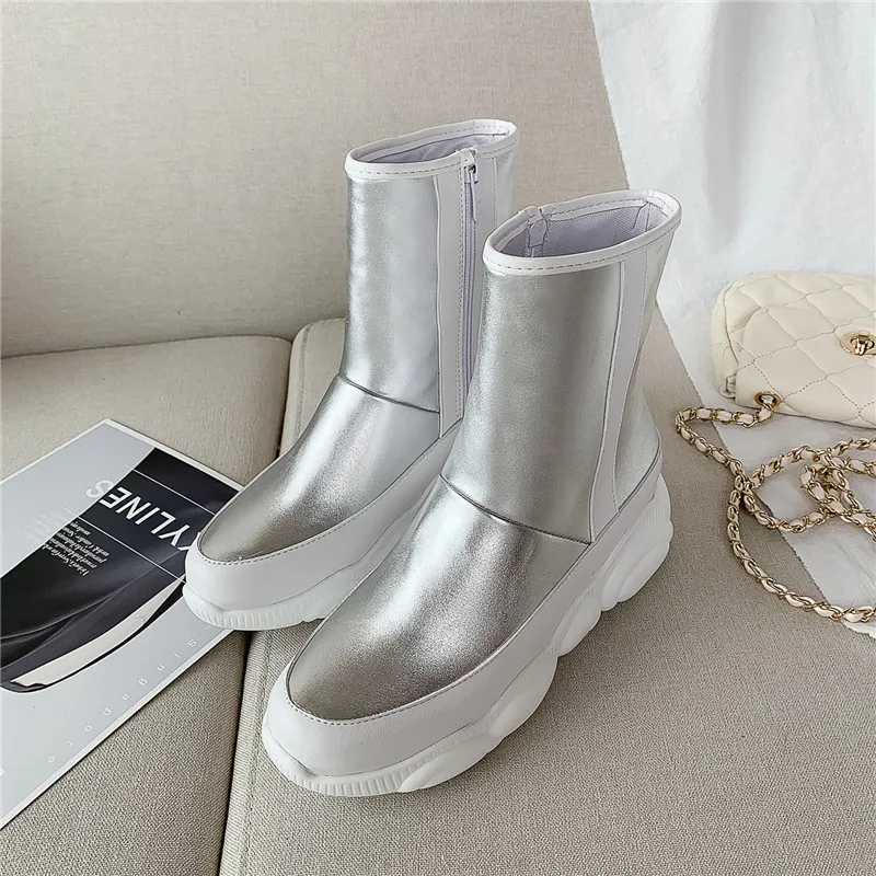 

MoonMeek large size 34-46 fashion ankle boots round toe zip flat platform boots simple keep warm snow boots 2020 new