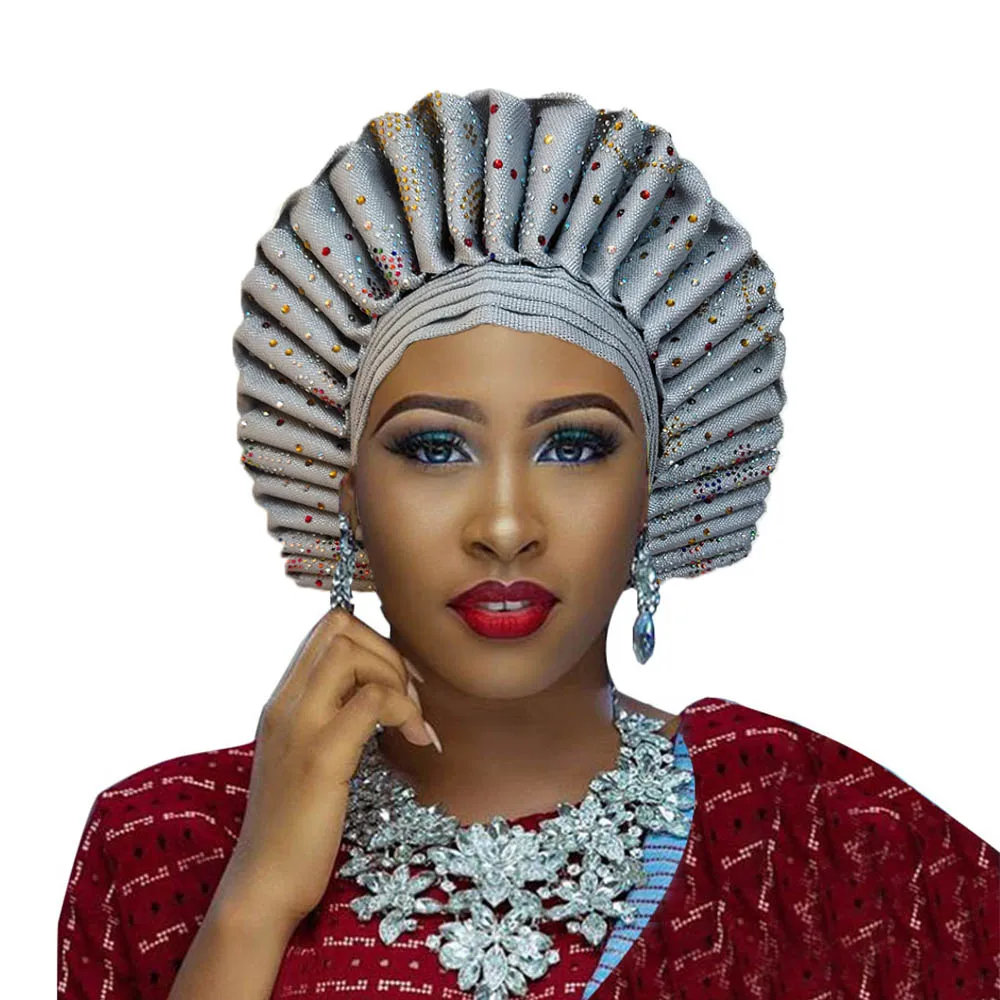 Высокое качество aso oke gele африканские головные уборы с камнями - Цвет: silver