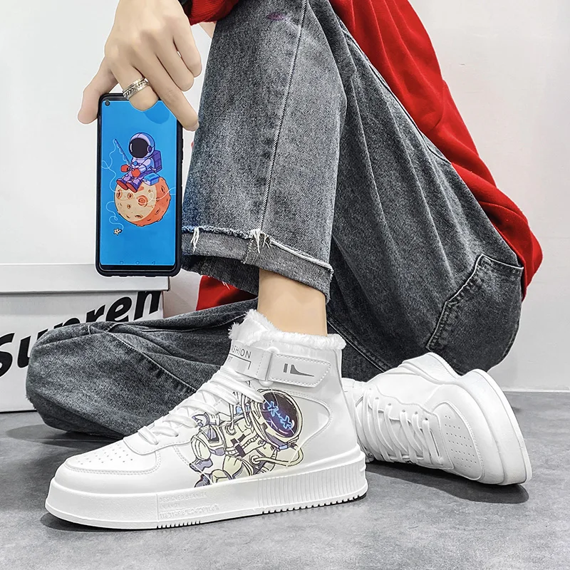Men's Winter Sneakers Anime Skateboarding Shoes Men Streetwear High Top Anime Shoes Fashion White Plush Warm Casual Sneakers Men