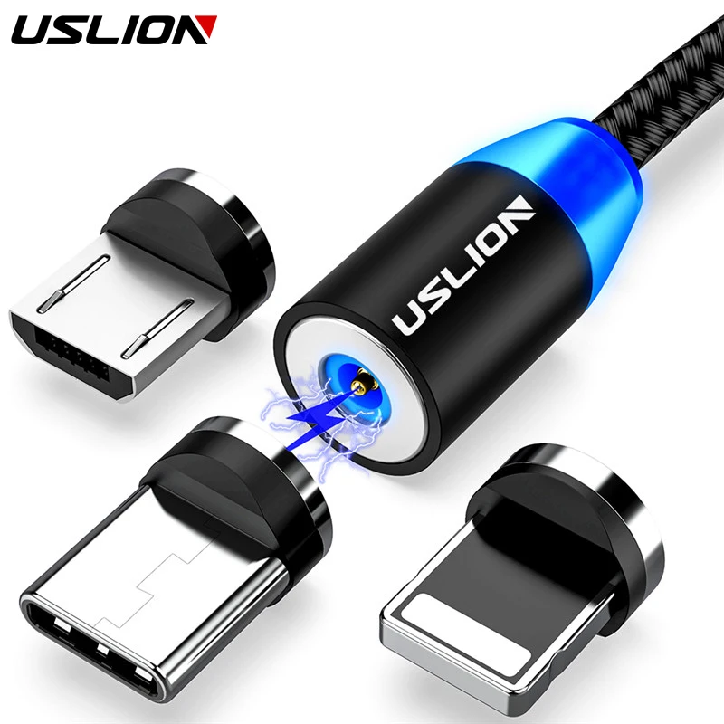 USLION светодиодный магнитный USB кабель для iPhone 11 Xiaomi Samsung Type C быстрой зарядки и