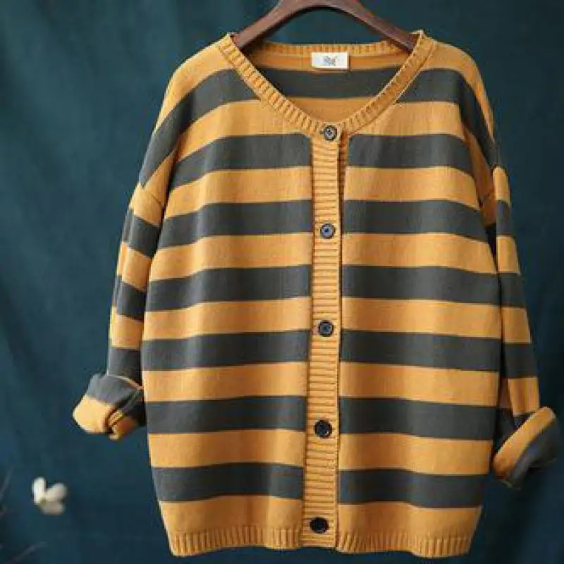 Johnature Autumn Women Sweater Striped Cardigan 2019 New Casual Vintage All-match V-neck Single Breasted Knitted |