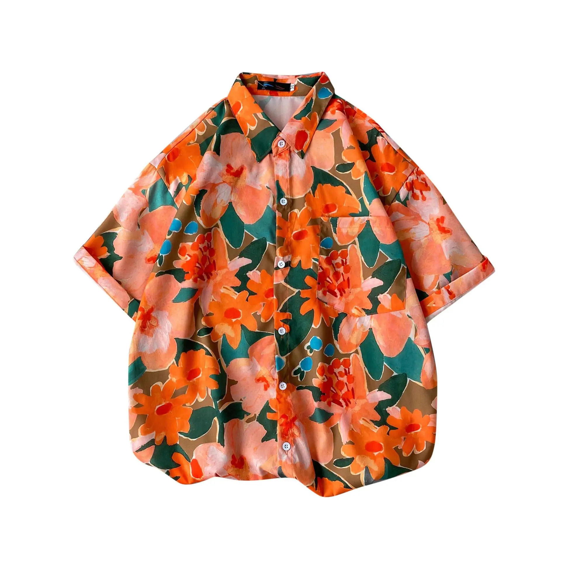 

Printed cotton slim Lapel casual spot red summer youth shirt