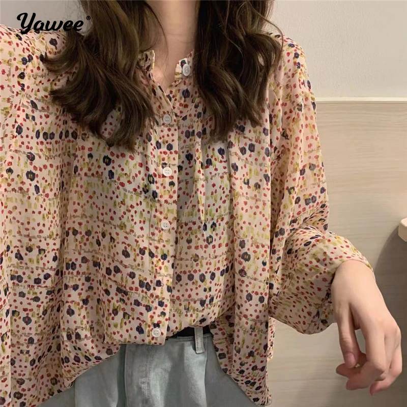 

2021 New Long Sleeve Floral Women Blouse Casual turn down collar Print Pullover Ladies Tops Plus Size Women Shirts Blusas Mujer