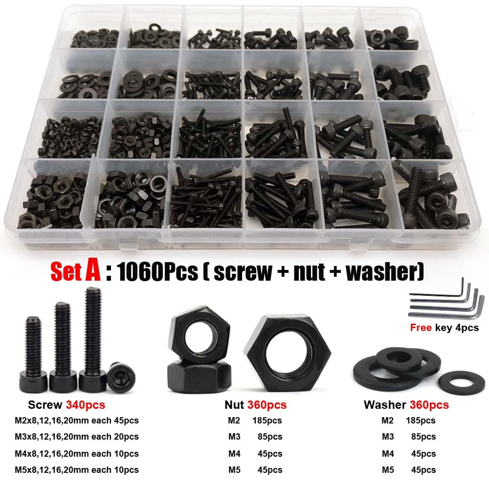 400/1060X M1.6 M2 M3 M4 M5 Black12.9 Класс Сталь Allen шестигранный Набор торцевых головок Кепки Болт С Головкой гайка шайба комплект кабельные наконечники в наборе для коробка - изображение