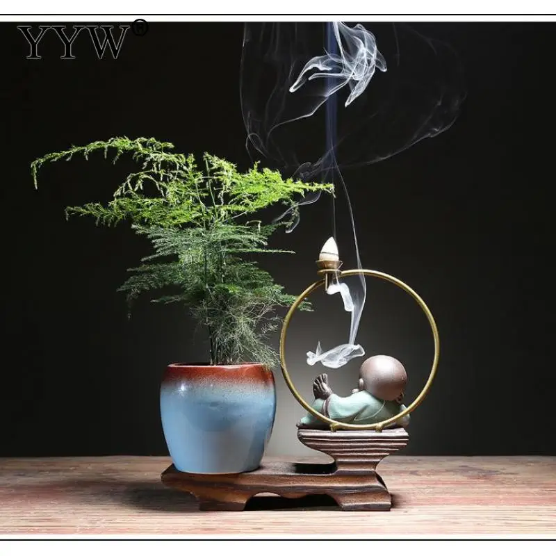 

Chinese Style Backflow Incense Burner Zen Little Monk Ornaments Home Incense Burner Office Green Plants Potted Cdecorations