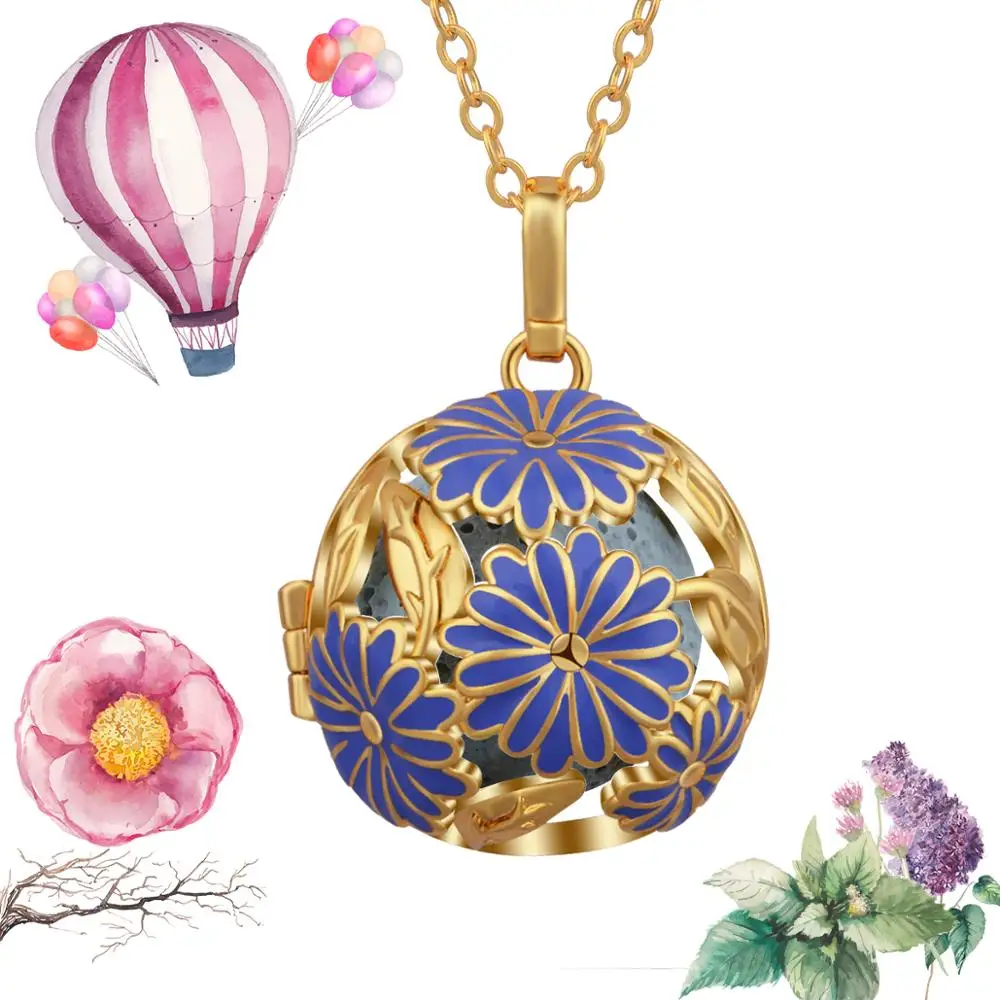 Eudora Golden 18mm Cornflower Open Locket Essential Oil Diffuser Pendant Necklace Aroma with Lava Rock K143G18 | Украшения и