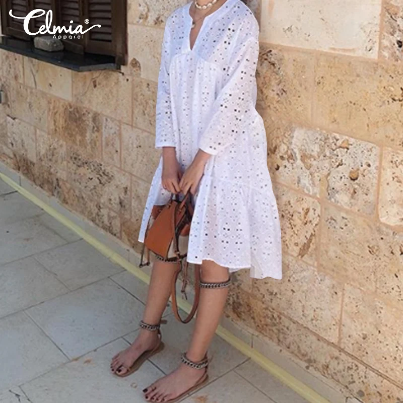 Celmia Elegant Cotton Embroidery Women's Dress Ruffled Korean White Dress New Sexy V-neck Hollow Party Vesridos Plus Size