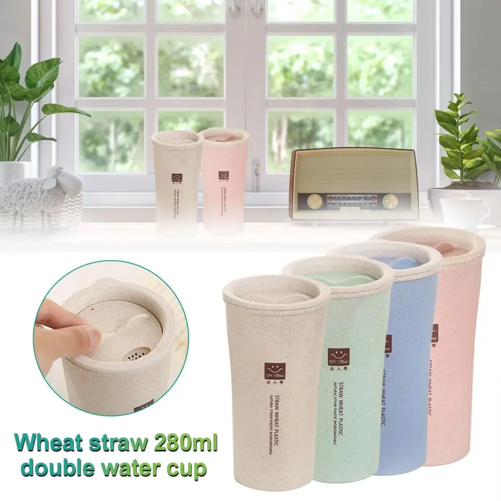 

New 280ML Eco-friendly Unbreakable Reusable Drinking Cup Two-layer Insulation Wheat Fiber Straw Coffee Cup Travel Mug Leak-proof