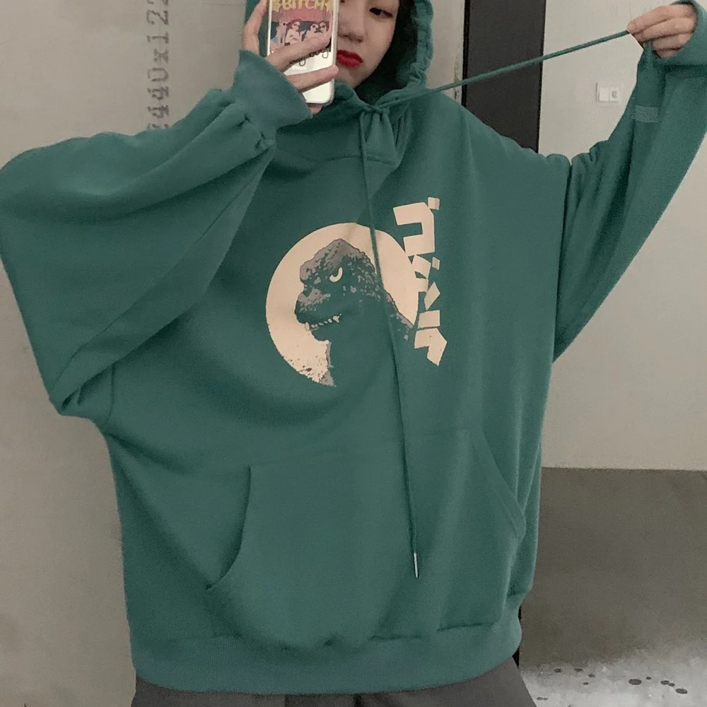 

Толстовки с длинным рукавом с динозавром женские пуловеры свитшоты с капюшоном женские свободные модные осенне-зимние топы в Корейском сти...