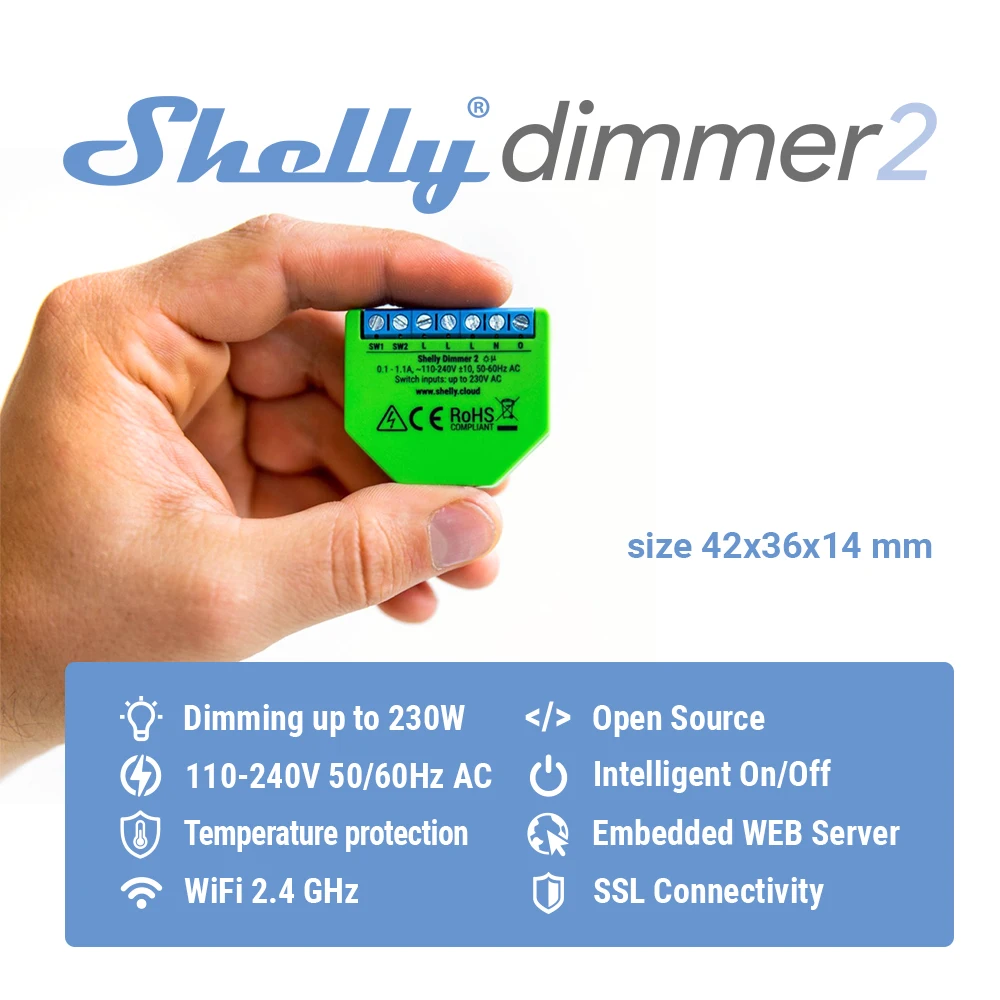 Умный переключатель Shelly Dimmer 2 с Wi-Fi мини-реле для освещения беспроводной