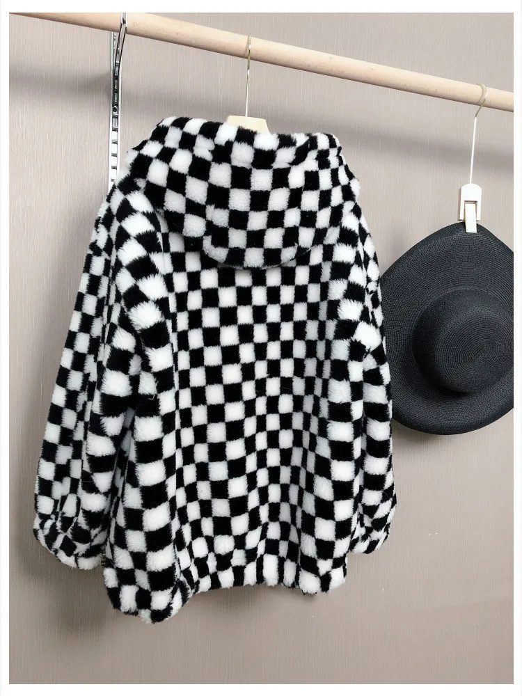 Winter Korean Style Women's High Quality Plaid Wool Fur Leather Coat C271