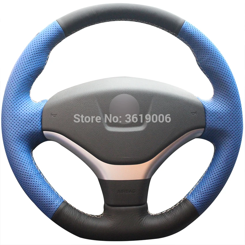 Чехол на руль для Peugeot 308 2012 2013 прошитый вручную нескользящий черный синий кожаный
