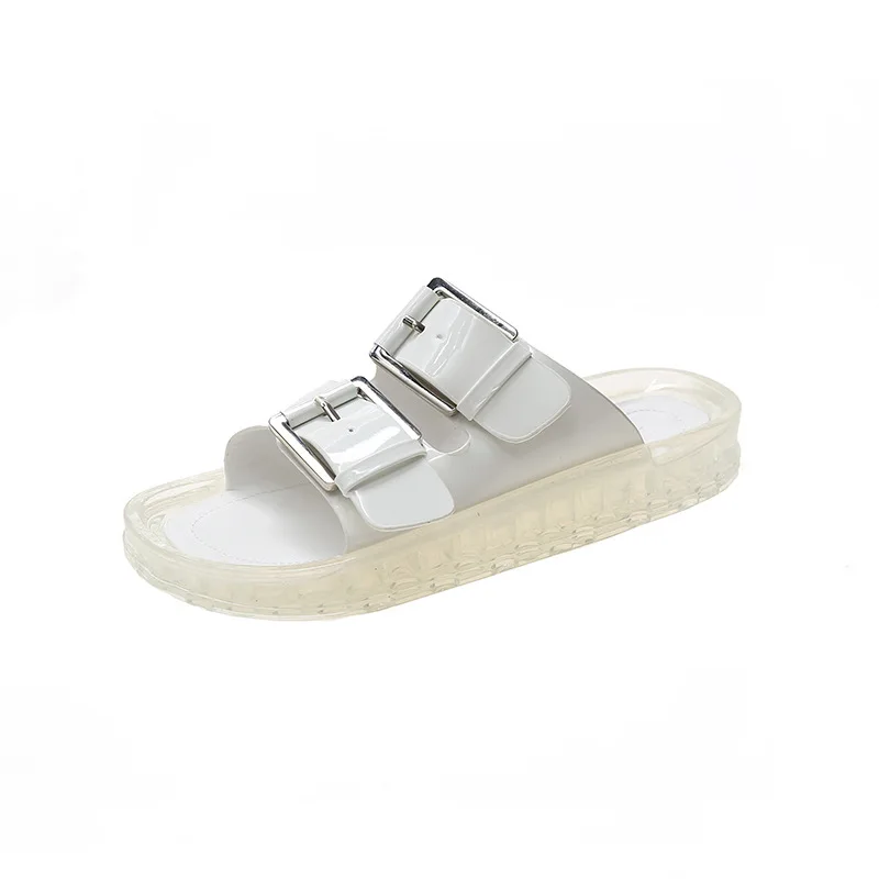 

Jelly Soft Bottom Shoes Sweet Transparent Platform Slippers Women's Summer Outer Wear Metal Buckle Flat Flip-Flops Sandals A854