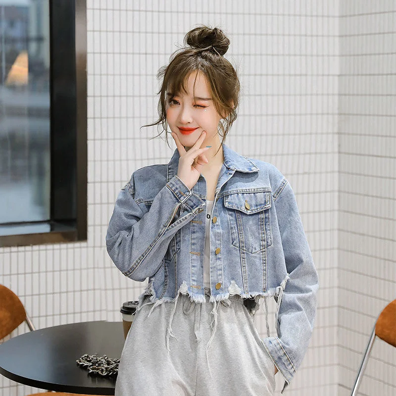 

Denim Jacket Female 2021 Spring Autumn Single Breasted Fashion Hole Tassel Korean Version Loose Wild Long Sleeve Short Top Coat