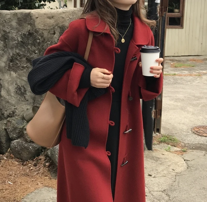 

Red double-sided cashmere coat women's middle and long autumn and winter 2021 new high-end temperament over the knee loose wool