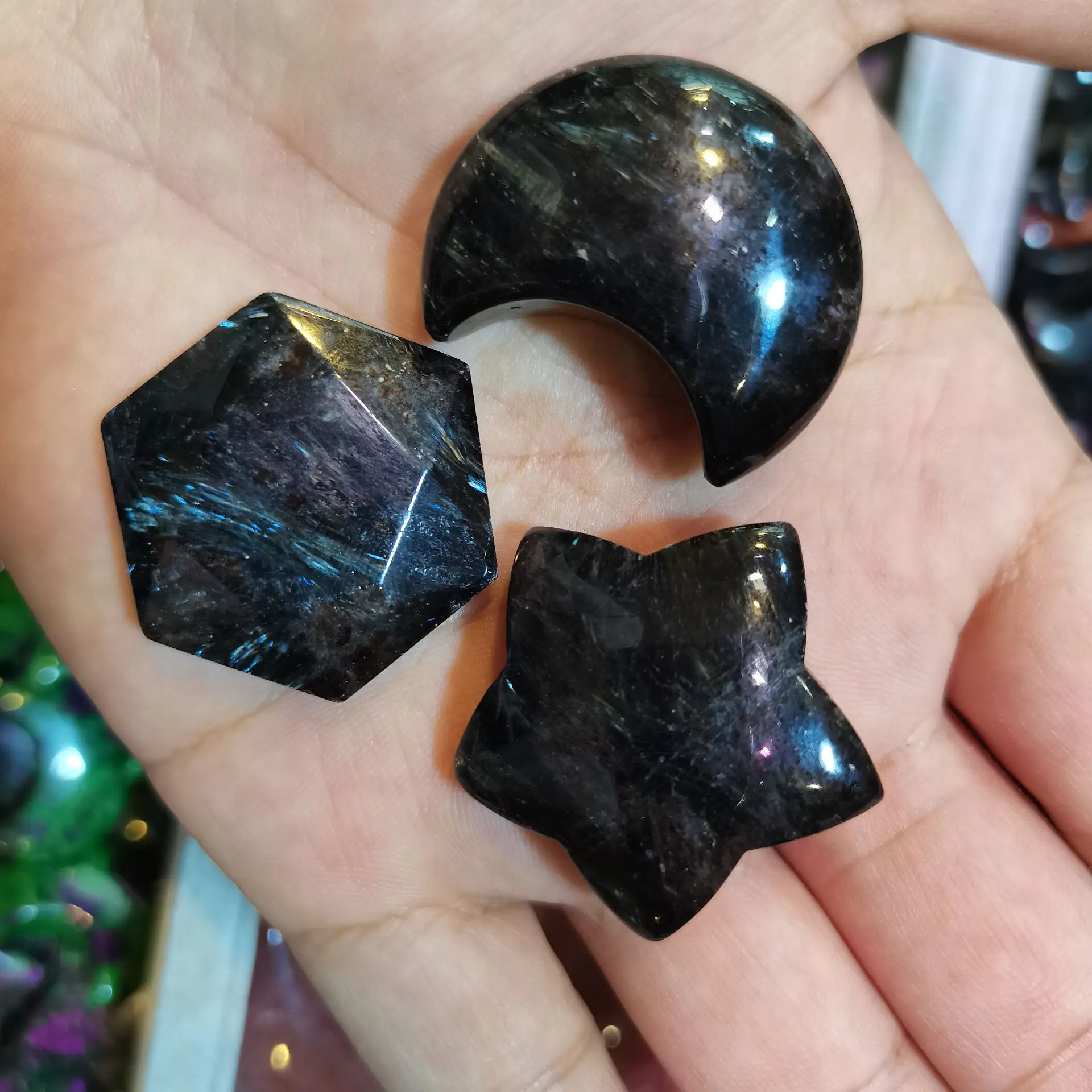 [Новый продукт] Природный синий амфибола кварцевый кристалл спутник, пятиконечная звезда, луна резьба фигурка