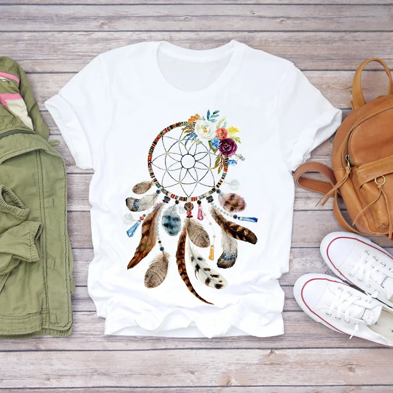 

Women Feather Floral Flower Short Sleeve Fashion 90s Print Lady T-shirts Top Womens Graphic T Shirt Ladies Female Tee T-Shirt