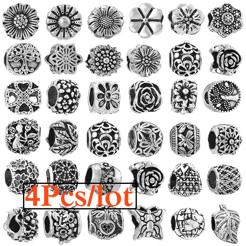 

4 шт., серебряные бусины-шармы для браслетов