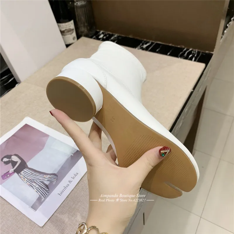 New Autumn Stretch Ankle Boots Novelty Split Toe Boots Women Cozy Round Heel Genuine Leather Riding Booties Fashion Short Botas