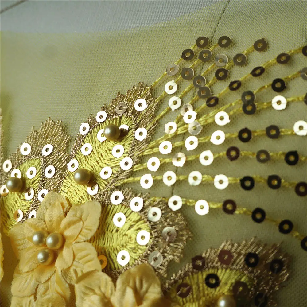 Желтые блестки кисточки 3D Цветочные Розы бусины кружевная ткань вышитая