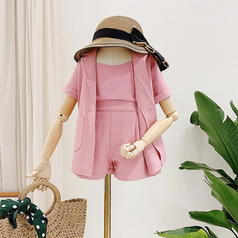 Летняя одежда для девочек 2021 детская наряды топы на бретельках + шорты куртка