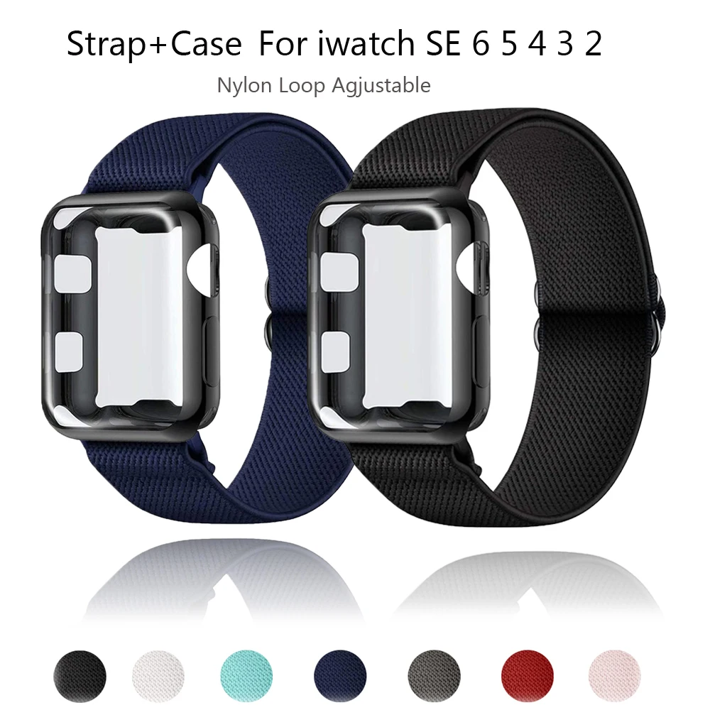 

Elastic Strap+Protect Case for Apple Watch SE 6 5/44mm 42mm Nylon Loop Adjustment bracelet iwatch 3 2/40mm 38mm Scrunchie belt