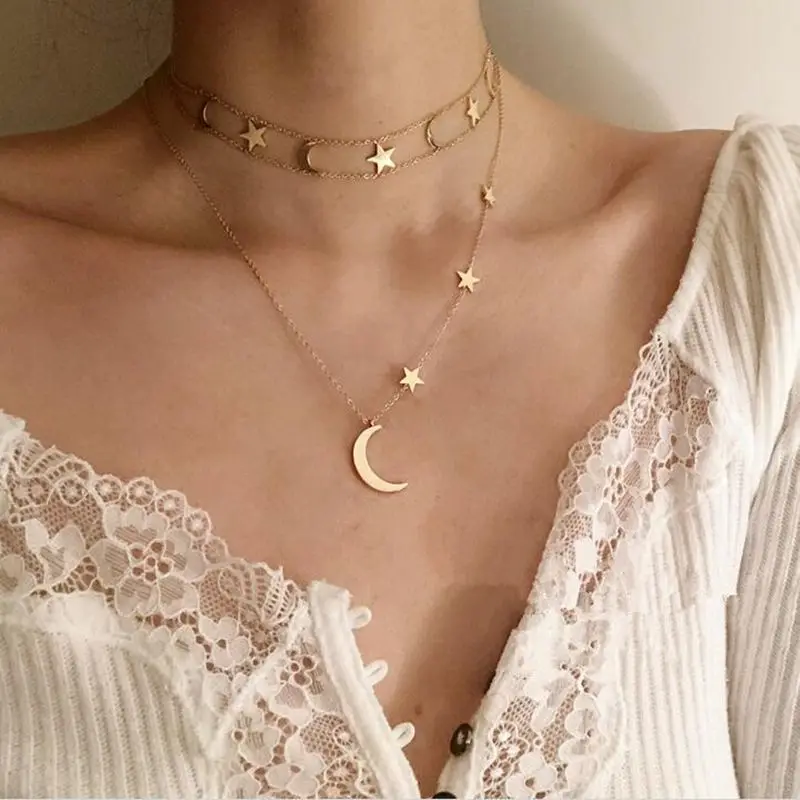 

Amaiyllis 18k Gold Double Layer Clavicle Necklace Pendants Moon Star Golden Choker Necklaces For Women Summer Jewellry