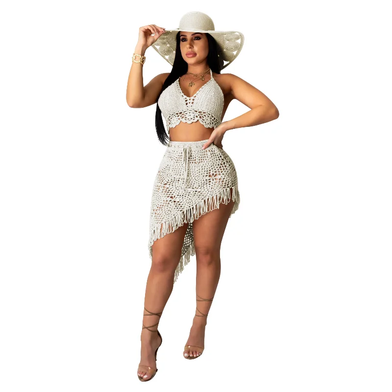 

Women Irregular Two Piece Skirt Cover Up Summer Beach 2 Piece Knitted Swim Set Sexy Bandage Hollow Out Crochet Swimsuit women