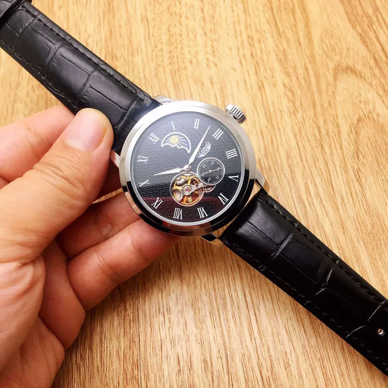 

New men's watch casual fashion business sun moon star tourbillon automatic mechanical watch luxury leather designer men's watch