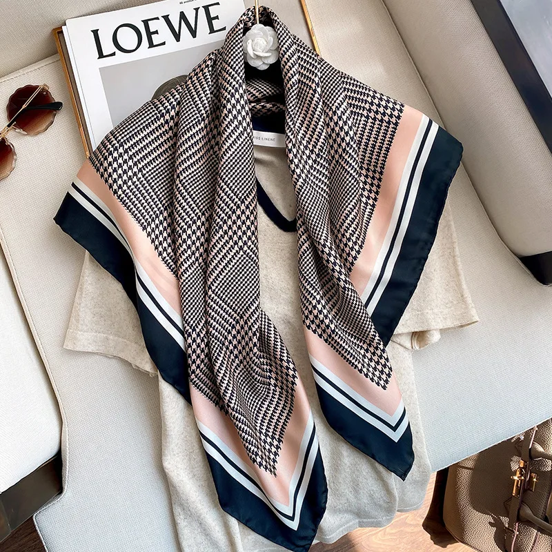 

90*90CM geometric pattern decoration summer female black printing Japanese and Korean sweet silk scarf houndstooth
