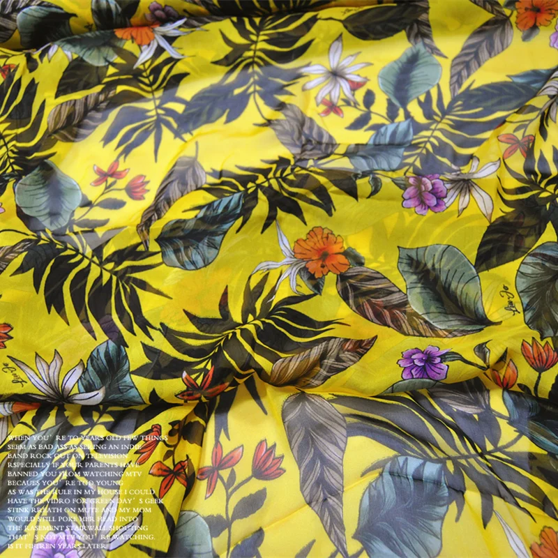 

Silk Chiffon Fabric Dress Bright Yellow Flowers Large Wide Real 100% clothing Cloth DIY patchwork