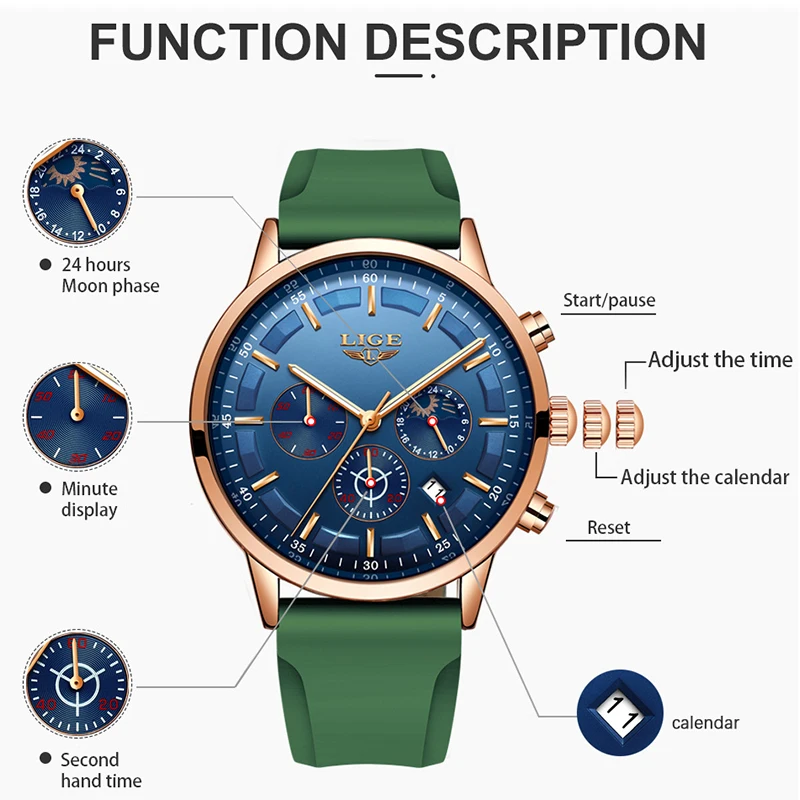 LIGE мужские часы лучший бренд роскошный силиконовый ремешок кварцевые креативные