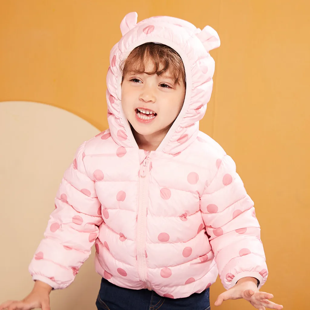 Модные детские пальто 2019 г. Зимнее толстое теплое в горошек на молнии с капюшоном