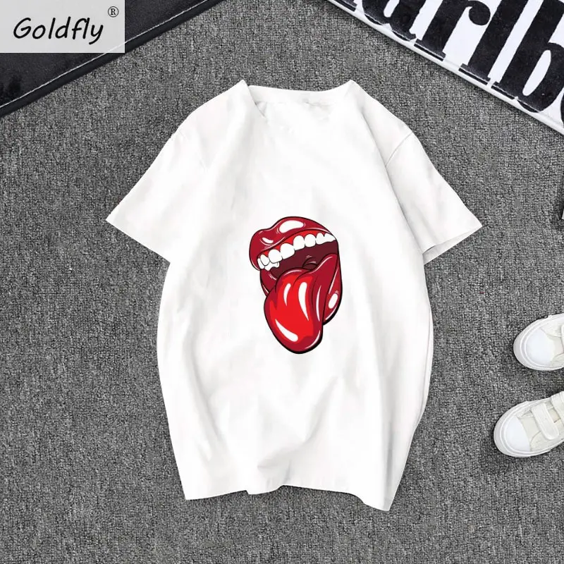 Новые хлопковые футболки с принтом рот языком Топы коротким рукавом и Модная
